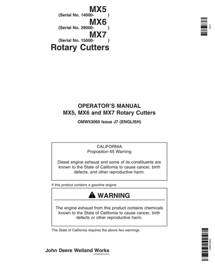 John Deere MX5, MX6 and MX7 Rotary cutter Operator Manual OMW53060 — actual manual cover