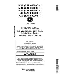 John Deere MX5, MX6, MX7, HX6 and HX7 Rotary cutter Operator Manual OMFH337984 — actual manual cover