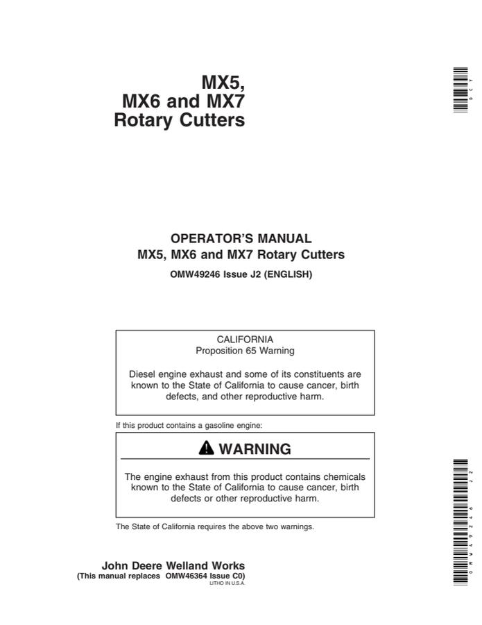 John Deere MX5, MX6, MX7 Rotary cutter Operator manual OMW49246 — actual manual cover