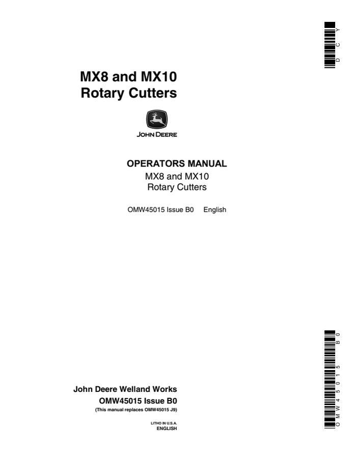 John Deere MX8 and MX10 Rotary cutter Operator Manual OMW45015 — actual manual cover