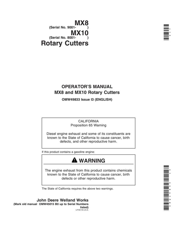 John Deere MX8 and MX10 Rotary cutter Operator Manual OMW49833 — actual manual cover