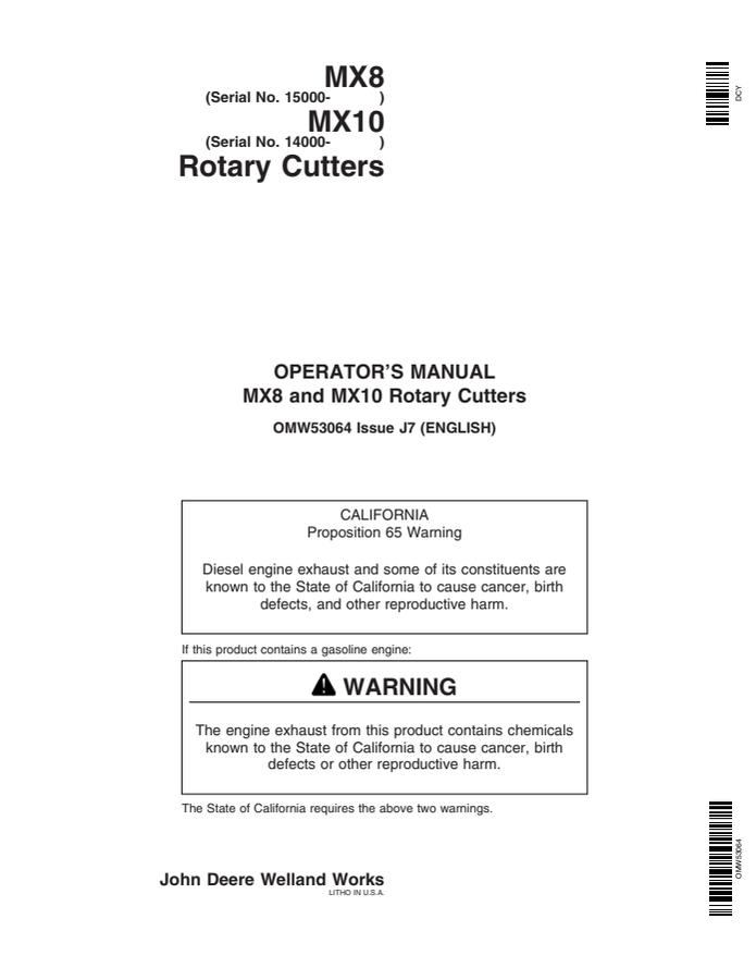 John Deere MX8 and MX10 Rotary cutter Operator Manual OMW53064 — actual manual cover