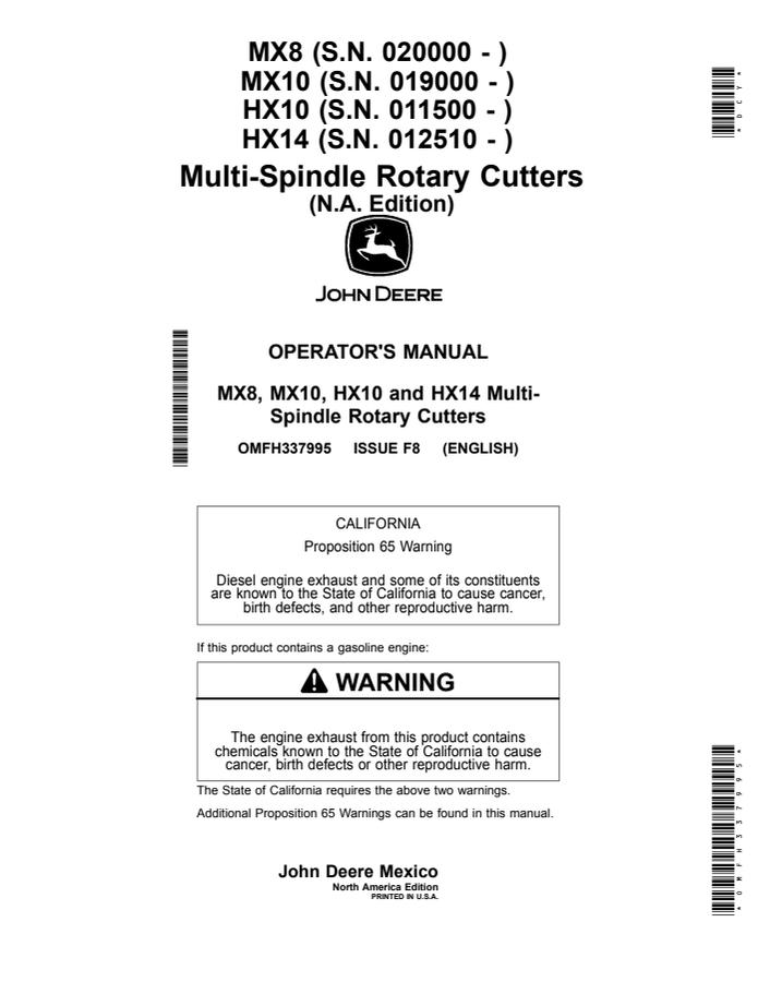 John Deere MX8, MX10, HX10, HX14 Rotary cutter Operator manual OMFH337995 — actual manual cover