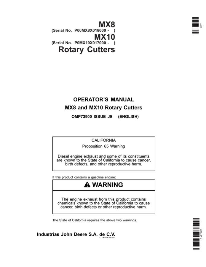 John Deere MX8, MX10 Rotary Cutter Operator's Manual OMP73900 — actual manual cover
