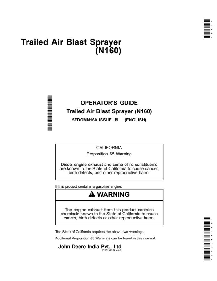 John Deere N160 Air blast sprayer Operator Guide 5FDOMN160 — actual manual cover
