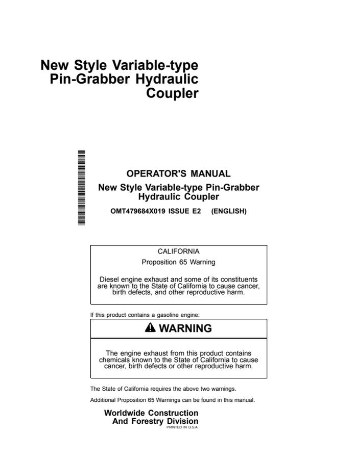 John Deere New Style Variable-type Pin-Grabber Hydraulic coupler Operator Manual OMT479684X019 — actual manual cover
