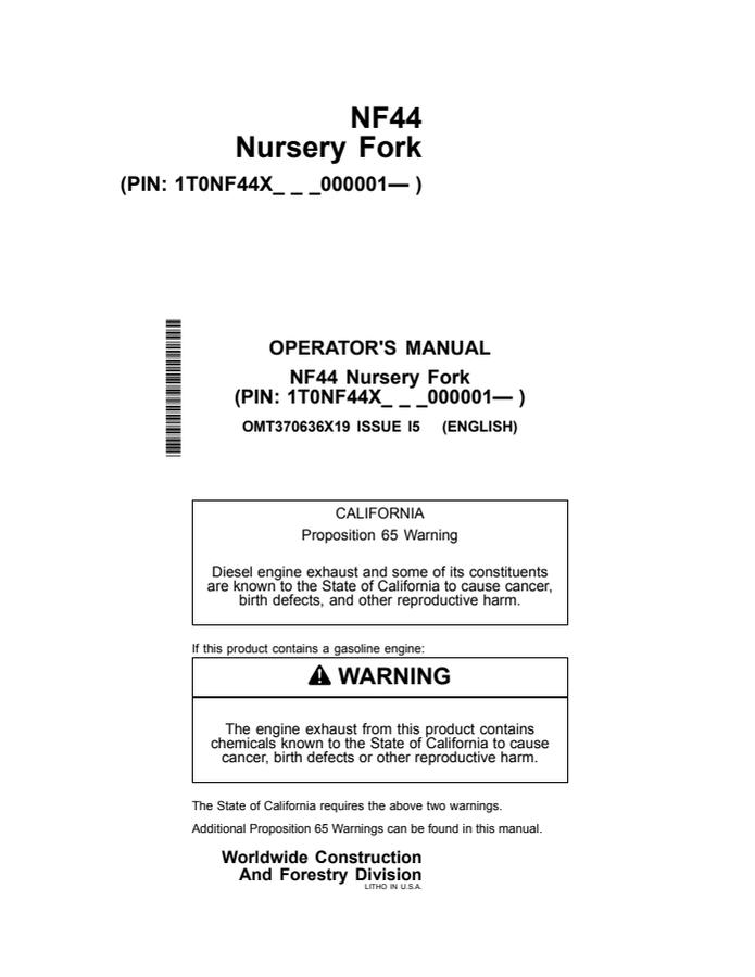 John Deere NF44 Nursery fork Operator Manual OMT370636X19 — actual manual cover