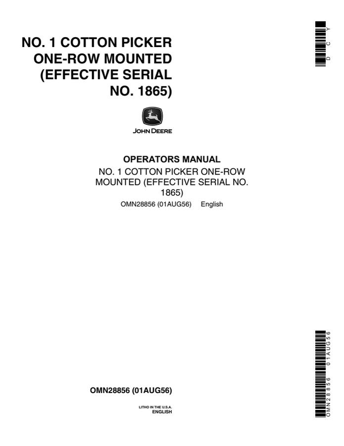 John Deere No. 1 one-row mounted Cotton picker Operator Manual OMN28856 — actual manual cover