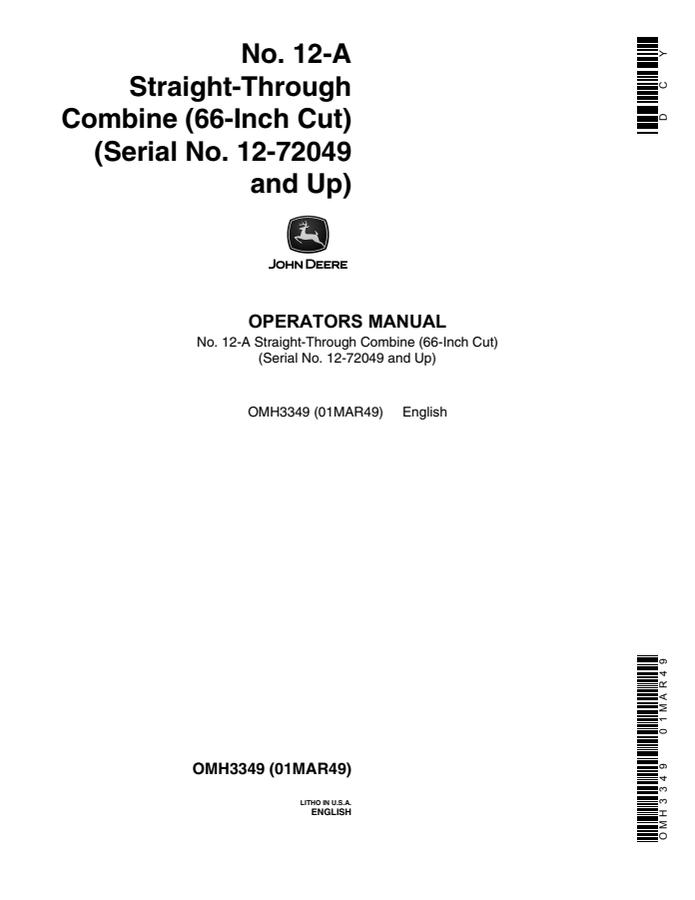 John Deere No. 12-A, 66-inch cut Combine Operator Manual OMH3349 — actual manual cover