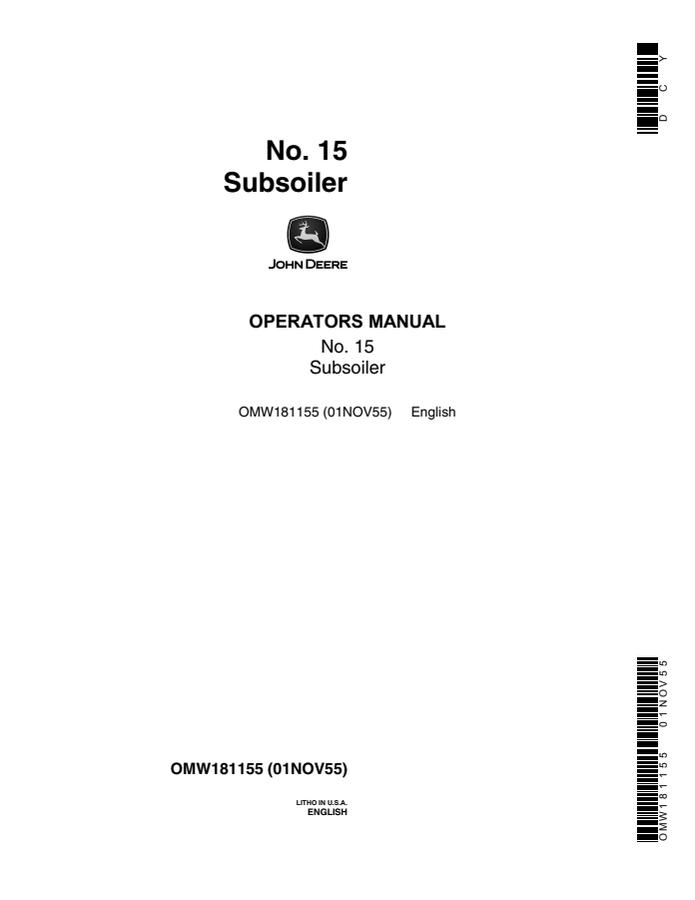 John Deere No. 15 Subsoiler Operator Manual OMW181155 — actual manual cover
