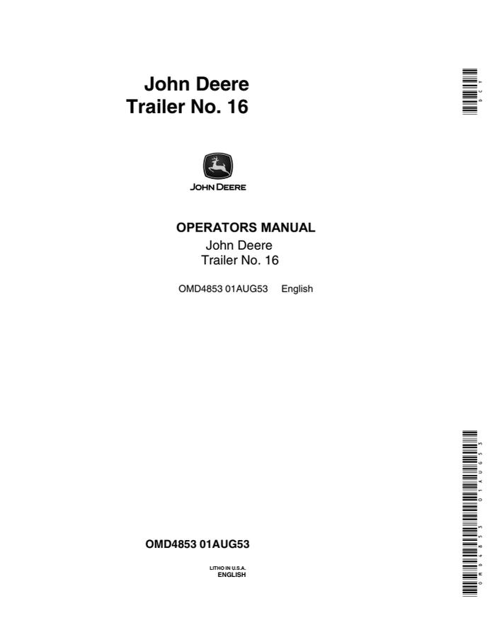 John Deere No. 16 Trailer Operator Manual OMD4853 — actual manual cover
