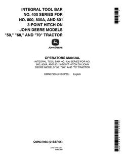 John Deere No. 400 Series Integral tool bar Operator manual OMN37955 — actual manual cover