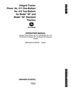 John Deere No. 411 one-bottom; No. 412 two-bottom; Model 40 Tractor plow Operator Manual OMA40953 — actual manual cover