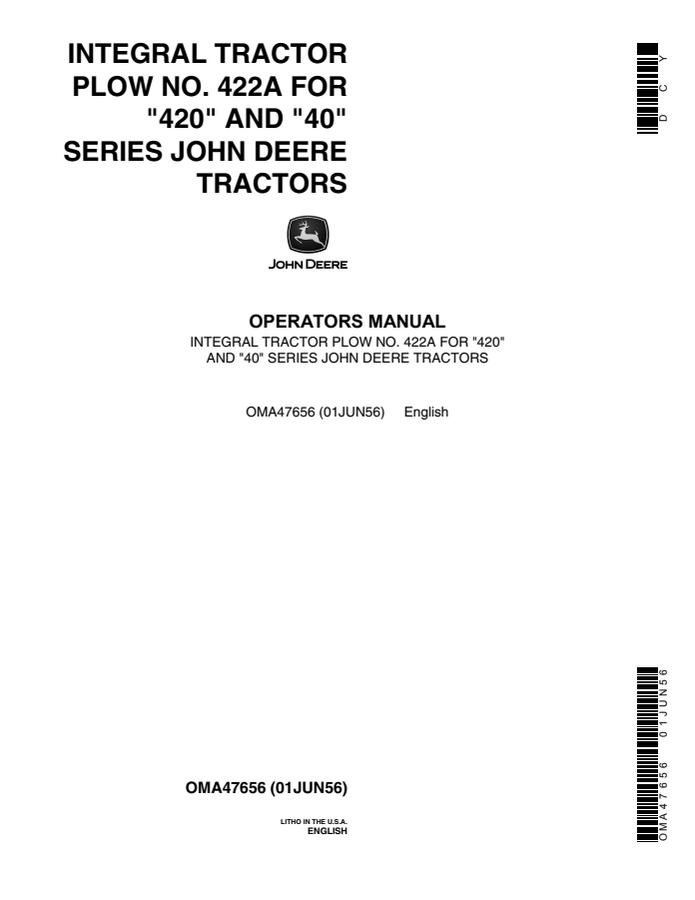 John Deere No. 422A Tractor plow Operator manual OMA47656 — actual manual cover