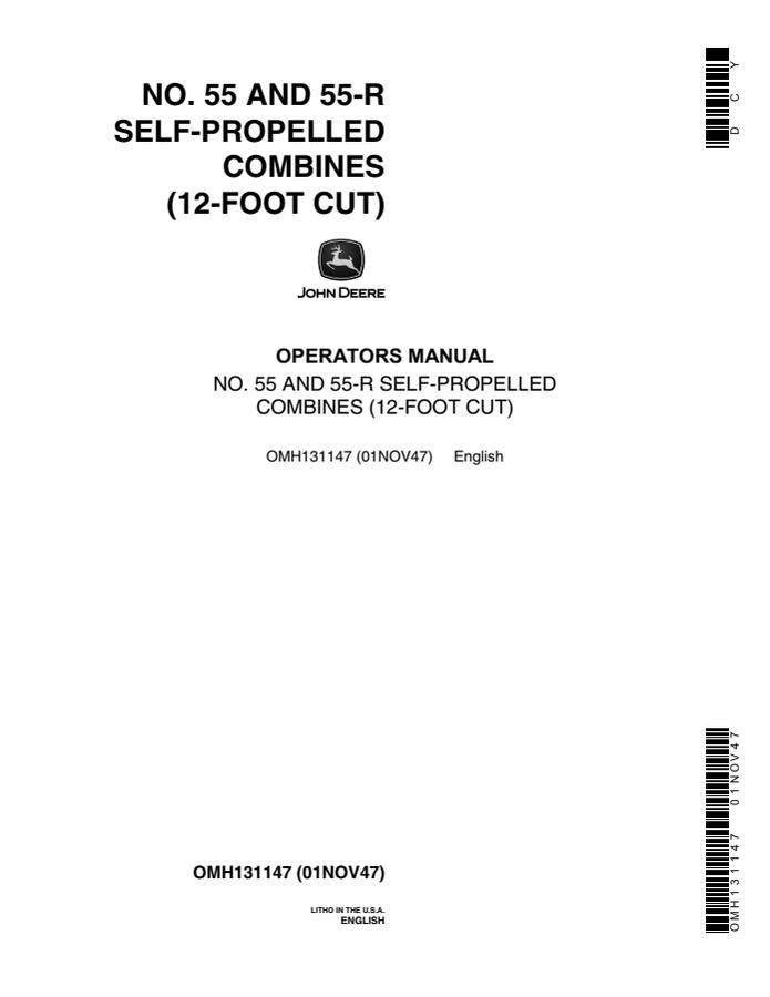 John Deere No. 55, No. 55-R; 12-foot cut Combine Operator Manual OMH131147 — actual manual cover
