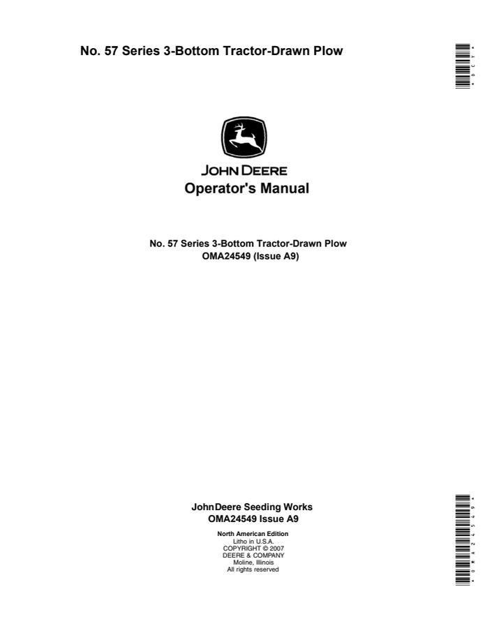 John Deere No. 57 Series 3-bottom Tractor plow Operator Manual OMA24549 — actual manual cover