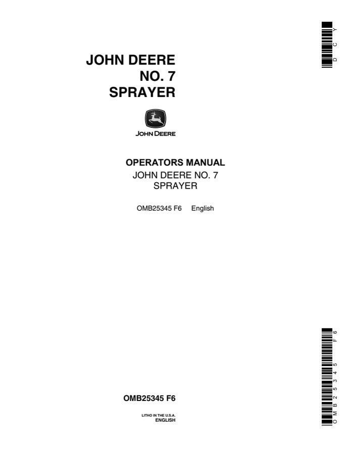 John Deere No. 7 Sprayer Operator Manual OMB25345 — actual manual cover