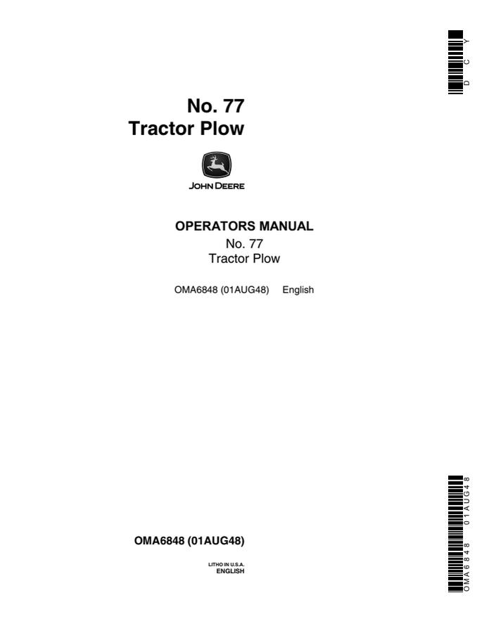 John Deere No. 77 Tractor plow Operator Manual OMA6848 — actual manual cover