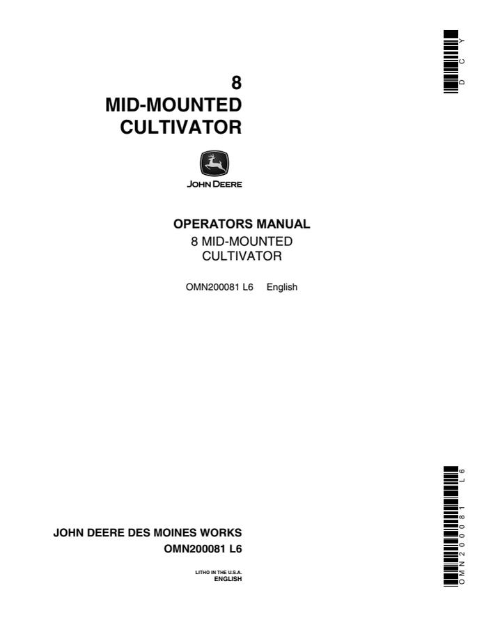 John Deere No. 8 Mid-Mounted Cultivator Cultivator Operator manual OMN200081 — actual manual cover