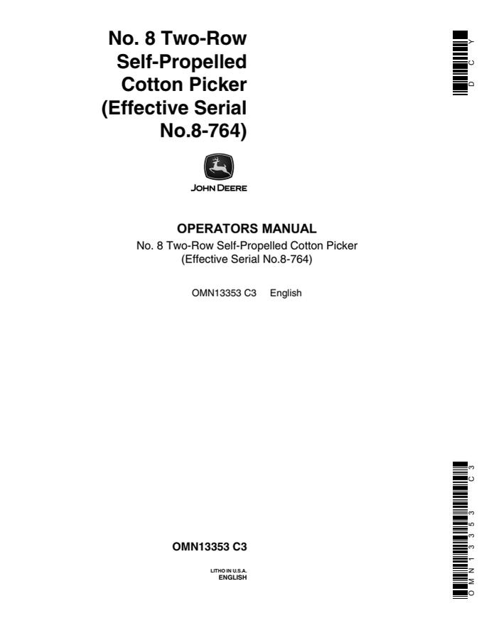 John Deere No. 8 two-row Cotton picker Operator Manual OMN13353 — actual manual cover