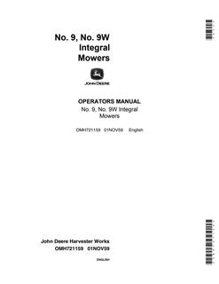 John Deere No. 9, No. 9W Integral mower Operator Manual OMH721159 — actual manual cover