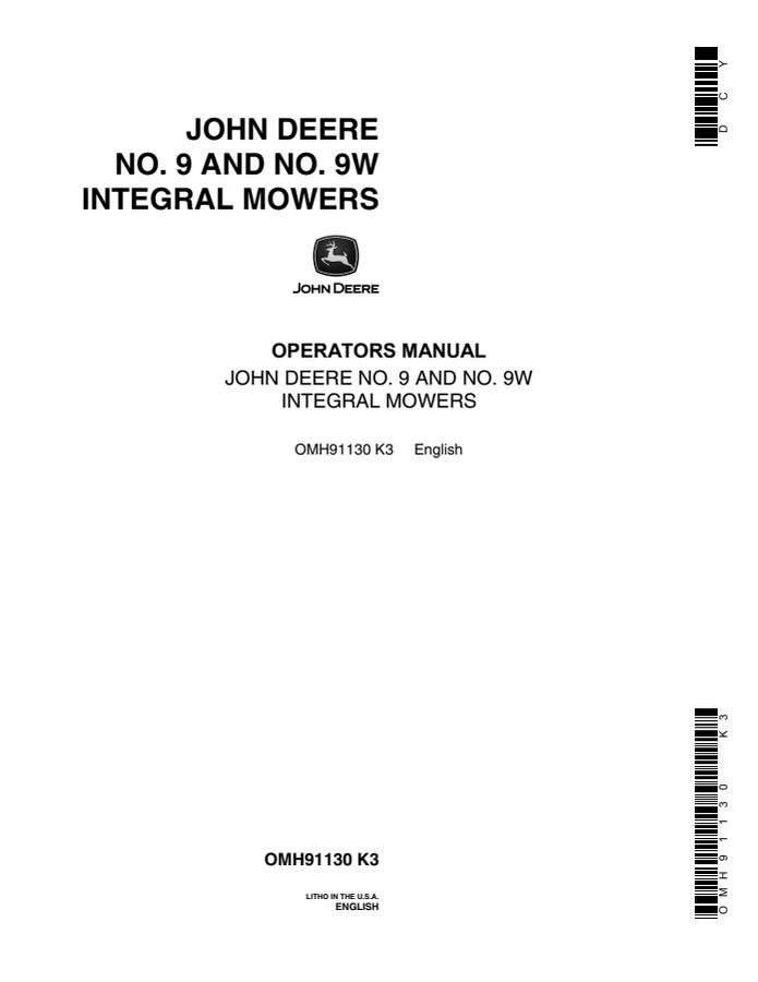 John Deere No. 9, No. 9W Integral mower Operator Manual OMH91130 — actual manual cover