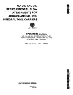 John Deere Nos. 200 and 300 Series Integral plow attachment Operator Manual OMY151052 — actual manual cover