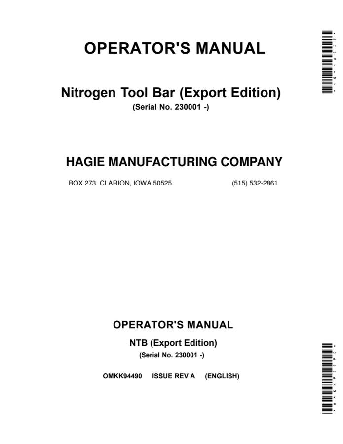 John Deere NTB Nitrogen Tool Bar Operator Manual OMKK94490 — actual manual cover