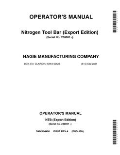 John Deere NTB Nitrogen Tool Bar Operator Manual OMKK94490 — actual manual cover