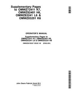 John Deere OMWZ72411, OMWZ82401, OMWZ83241, OMWZ83251 Supplementary pages Operator Manual OMWZ0019SUP — actual manual cover
