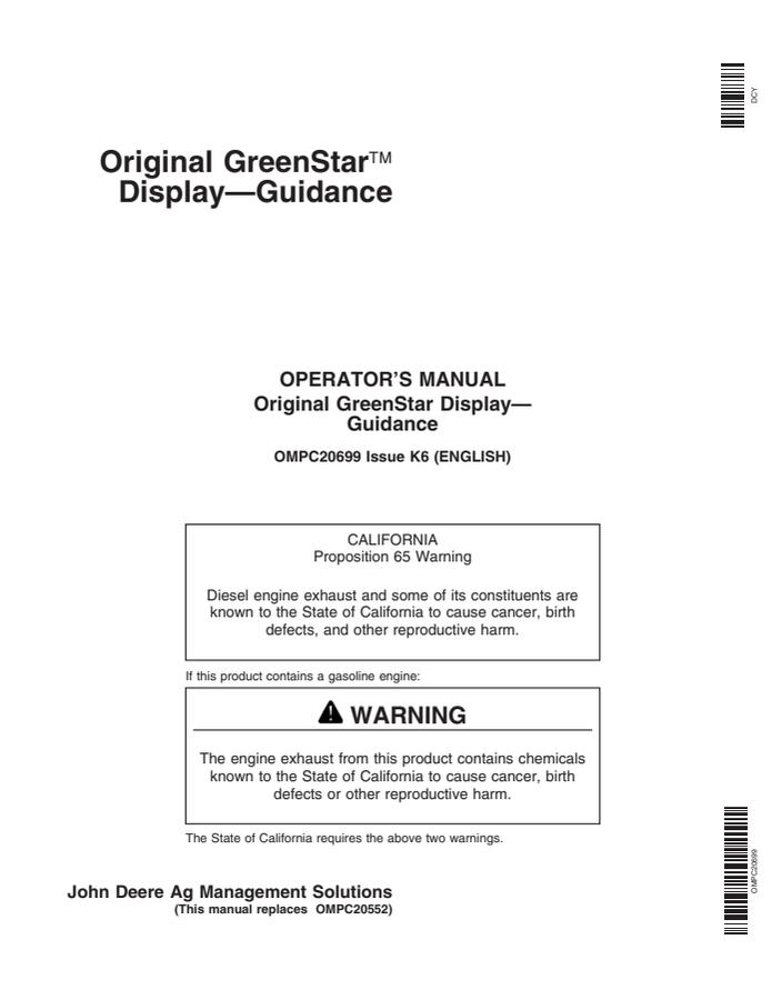 John Deere Original GreenStar Display—Guidance Guidance display Operator's manual OMPC20699 — actual manual cover