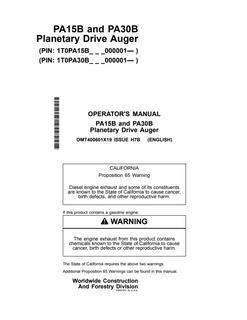 John Deere PA15B, PA30B Auger Operator Manual OMT400601X19 — actual manual cover