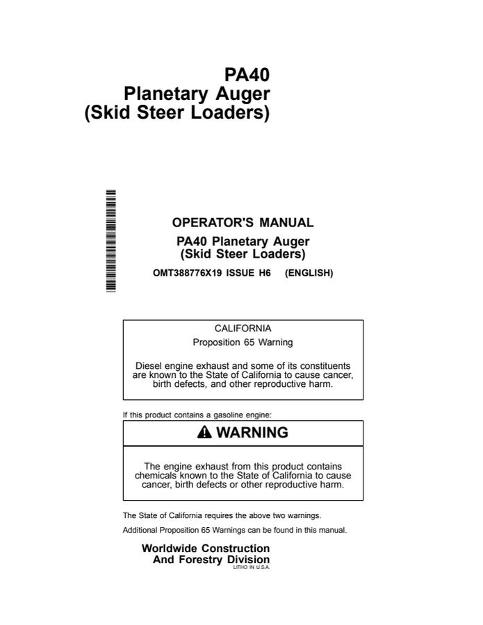 John Deere PA40 Auger Operator Manual OMT388776X19 — actual manual cover