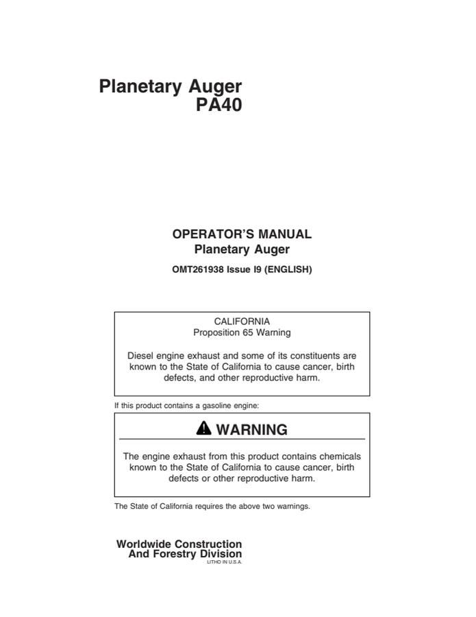 John Deere PA40 Planetary Auger Operator's Manual OMT261938 — actual manual cover