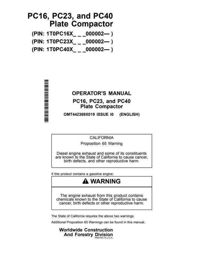 John Deere PC16, PC23, PC40 Plate Compactor Operator's Manual OMT442369X019 — actual manual cover