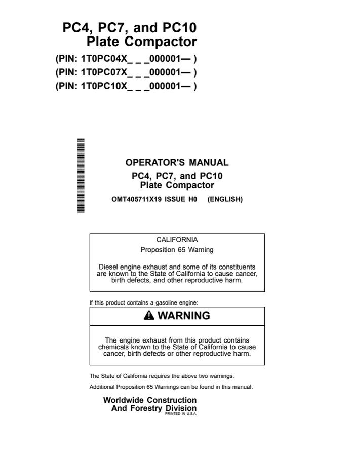 John Deere PC4, PC7, PC10 Plate compactor Operator Manual OMT405711X19 — actual manual cover