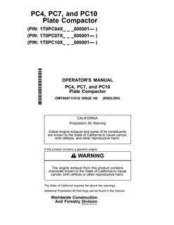 John Deere PC4, PC7, PC10 Plate compactor Operator Manual OMT405711X19 — actual manual cover