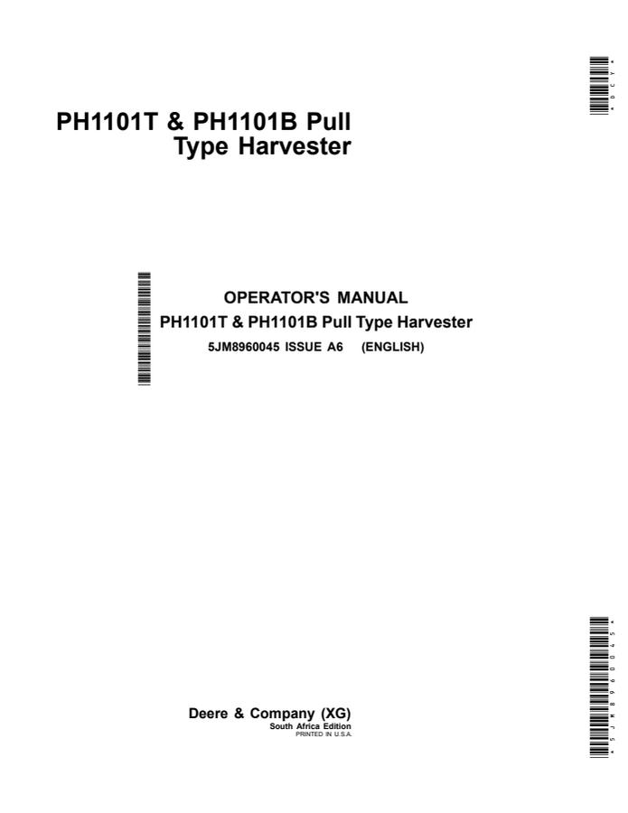 John Deere PH1101T, PH1101B Pull-Type Harvester Operator Manual 5JM8960045 — actual manual cover