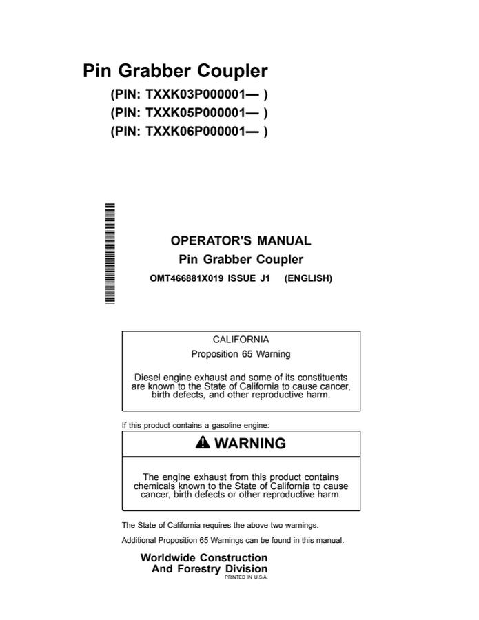 John Deere Pin Grabber Coupler Coupler Operator Manual OMT466881X019 — actual manual cover