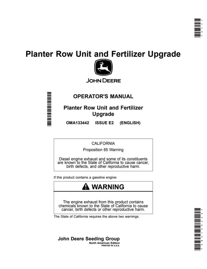 John Deere Planter Row Unit and Fertilizer Upgrade Operator Manual OMA133442 — actual manual cover