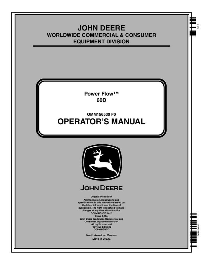 John Deere Power Flow 60D Harvester Operator manual OMM156530 — actual manual cover