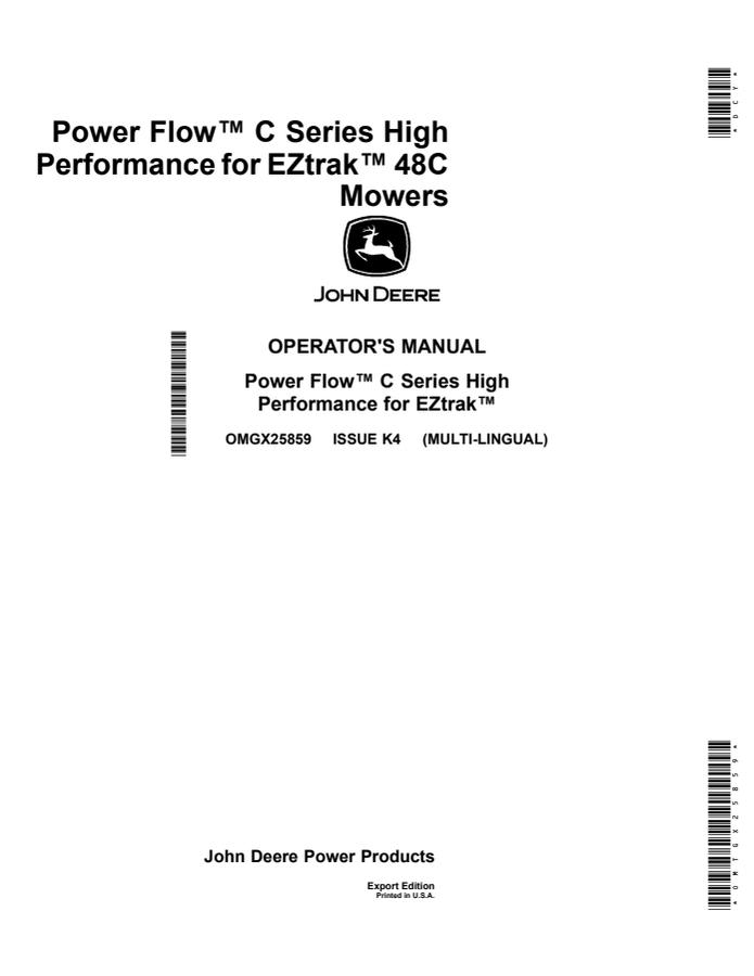 John Deere Power Flow C Series for EZtrak 48C mower Mower deck attachment Operator Manual OMGX25859 — actual manual cover