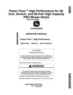 John Deere Power Flow for 48, 54 and 60 inch high capacity PRO mower decks Mower deck attachment Operator Manual OMUC19492 — actual manual cover
