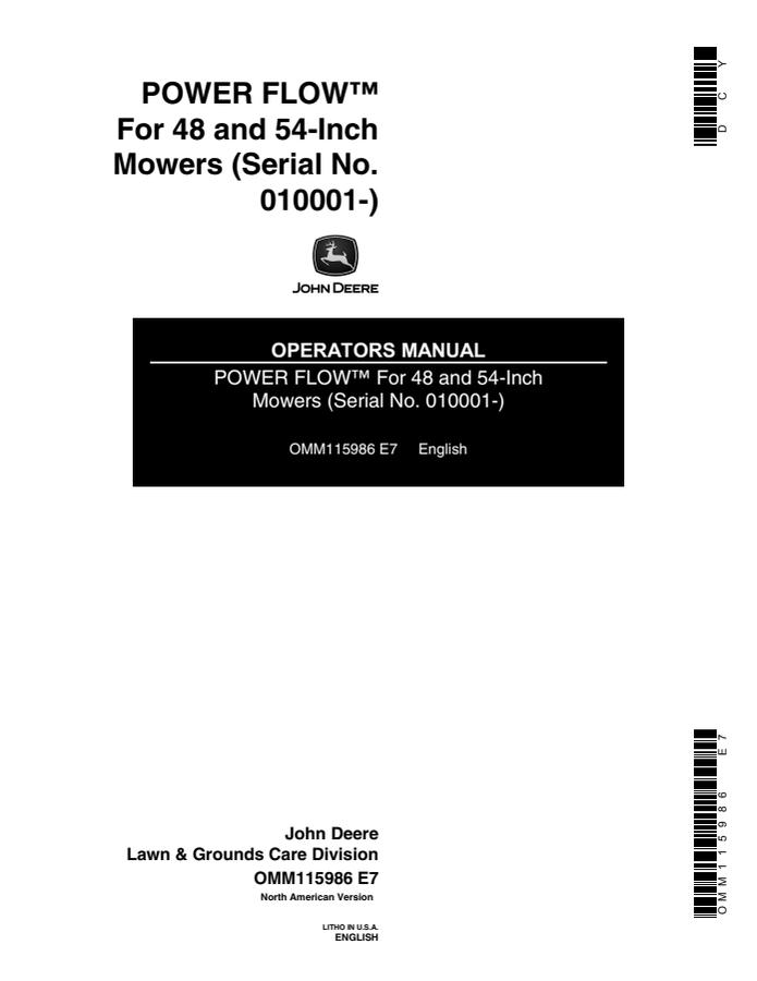 John Deere Power Flow for 48 and 54-inch mowers Mower deck attachment Operator Manual OMM115986 — actual manual cover
