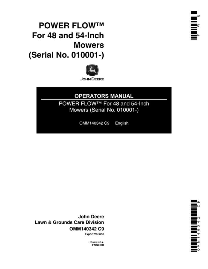 John Deere Power Flow for 48 and 54-inch mowers Mower deck attachment Operator Manual OMM140342 — actual manual cover