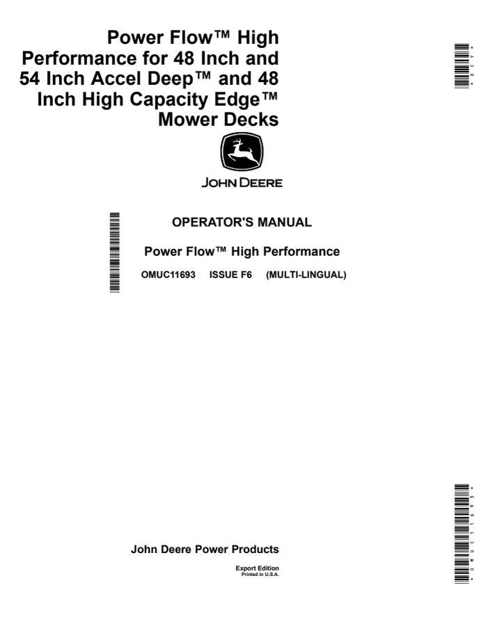 John Deere Power Flow High Performance for 48-Inch and 54-Inch Accel Deep and 48-Inch High Capacity Edge Mower Decks Power Flow attachment Operator manual OMUC11693 — actual manual cover
