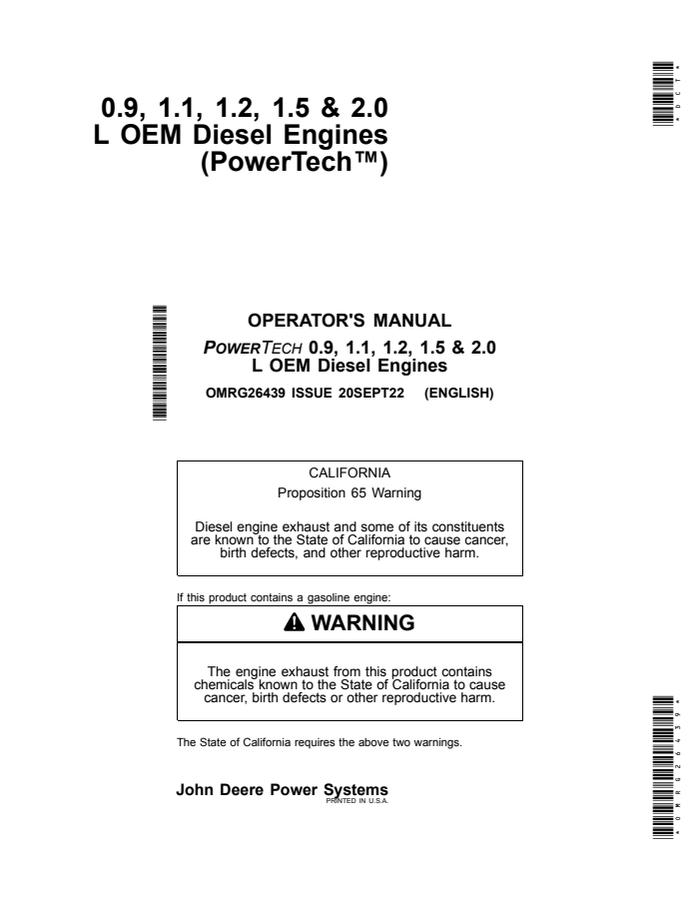 John Deere PowerTech 0.9L, 1.1L, 1.2L, 1.5L, 2.0L Operator Manual OMRG26439 — actual manual cover