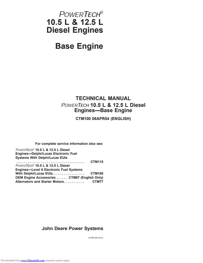 John Deere PowerTech 10.5L, 12.5L Base Engine Engine Component technical manual CTM100 — actual manual cover