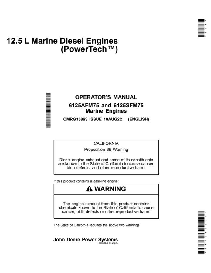 John Deere PowerTech 12.5 L; 6125AFM75, 6125SFM75 Marine diesel engine Operator's manual OMRG35863 — actual manual cover