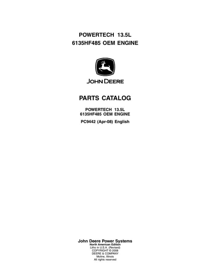 John Deere PowerTech 13.5L 6135HF485 OEM engine Engine Parts catalog PC9442 — actual manual cover